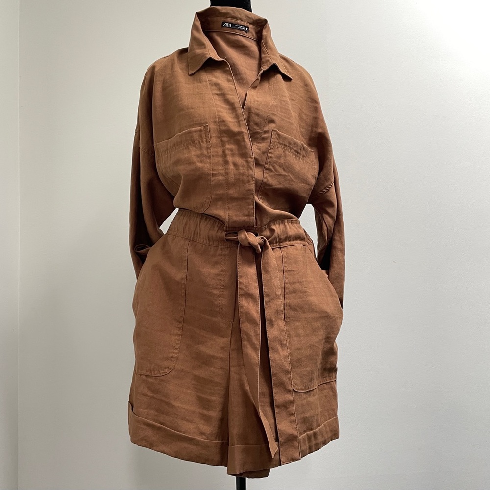 Zara Utility Jacket Romper in Warm Brown